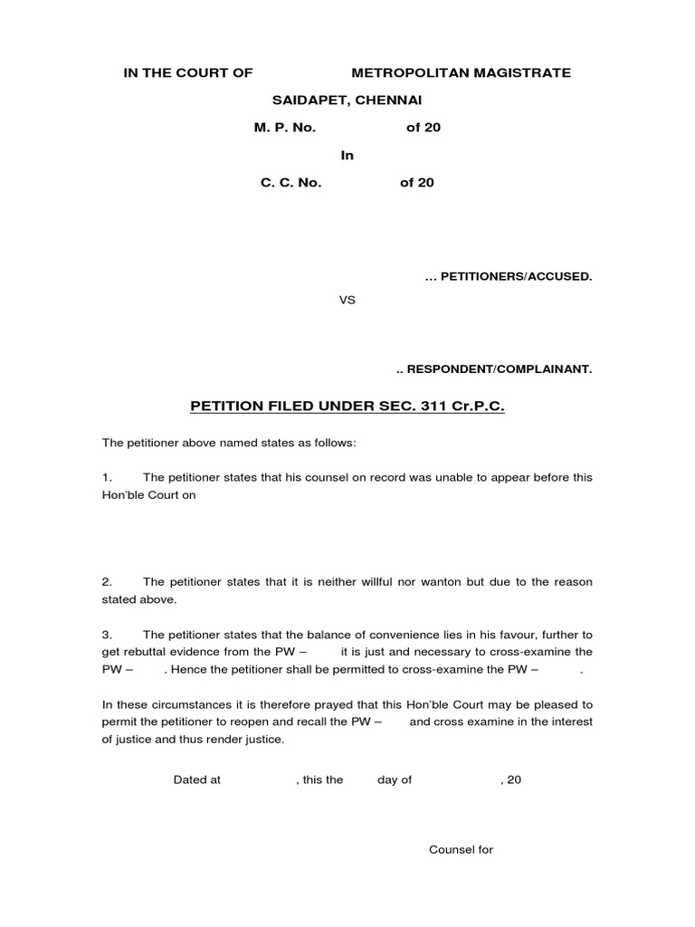Section 311 CrPC Recall Petition Format | PDF | Law