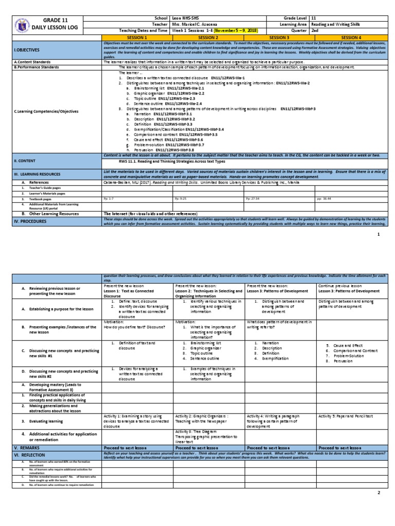 DLL Reading & Writing Week 1 Nov 59, 2018 Learning Teachers