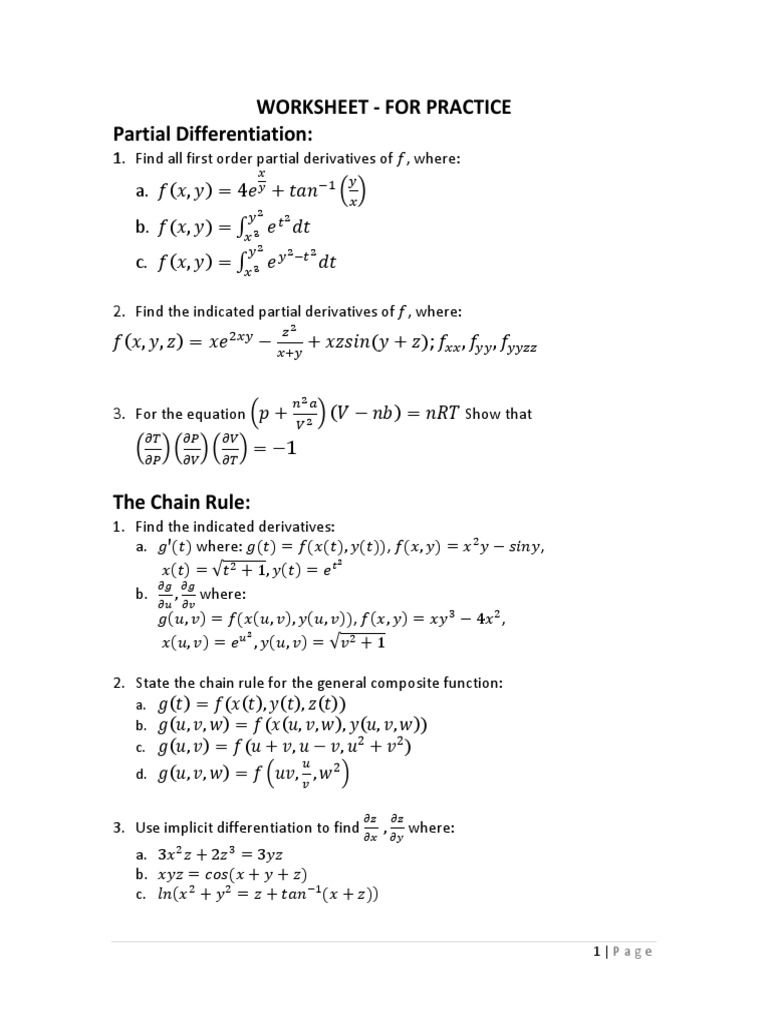 Worksheet Partial Differentiation Applications Differential Topology Subtraction