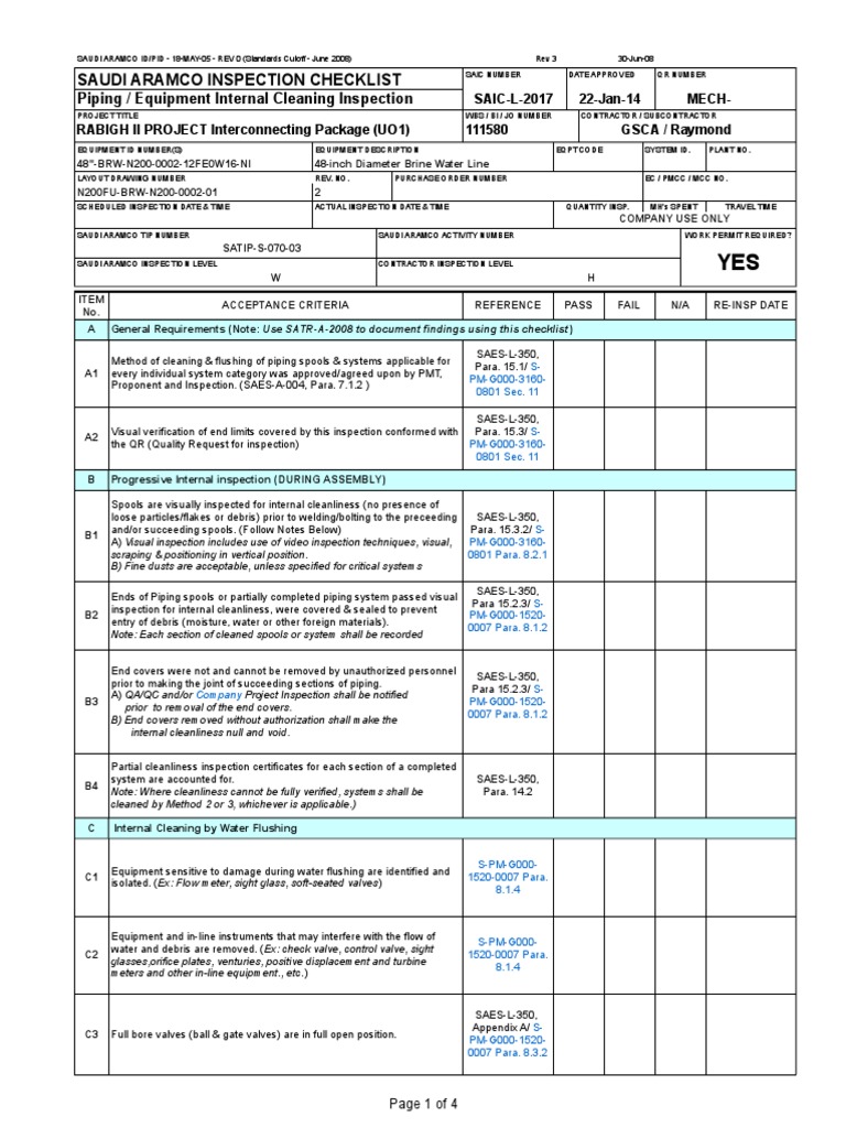 Saudi Aramco Inspection Checklist: Piping / Equipment Internal Cleaning ...