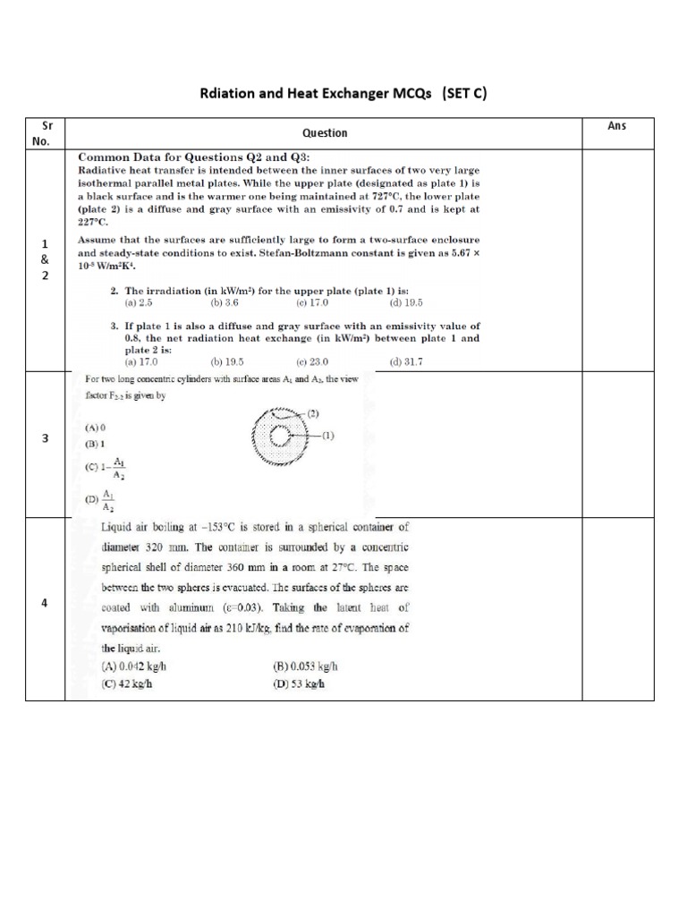 Rdiation and Heat Exchanger Mcqs (Set C) SR No. Ans PDF