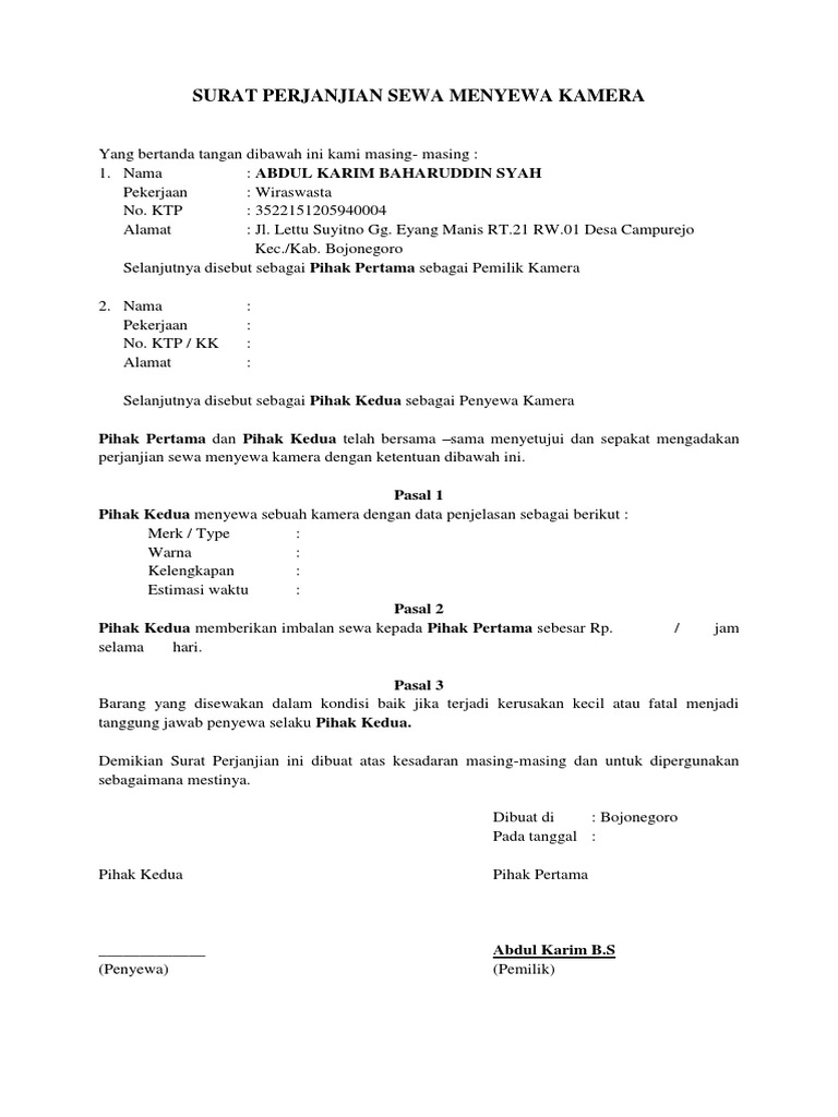 Surat Perjanjian Sewa Kamera Bojonegoro | PDF