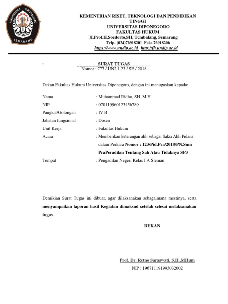 Contoh Surat Tugas Ahli Pidana