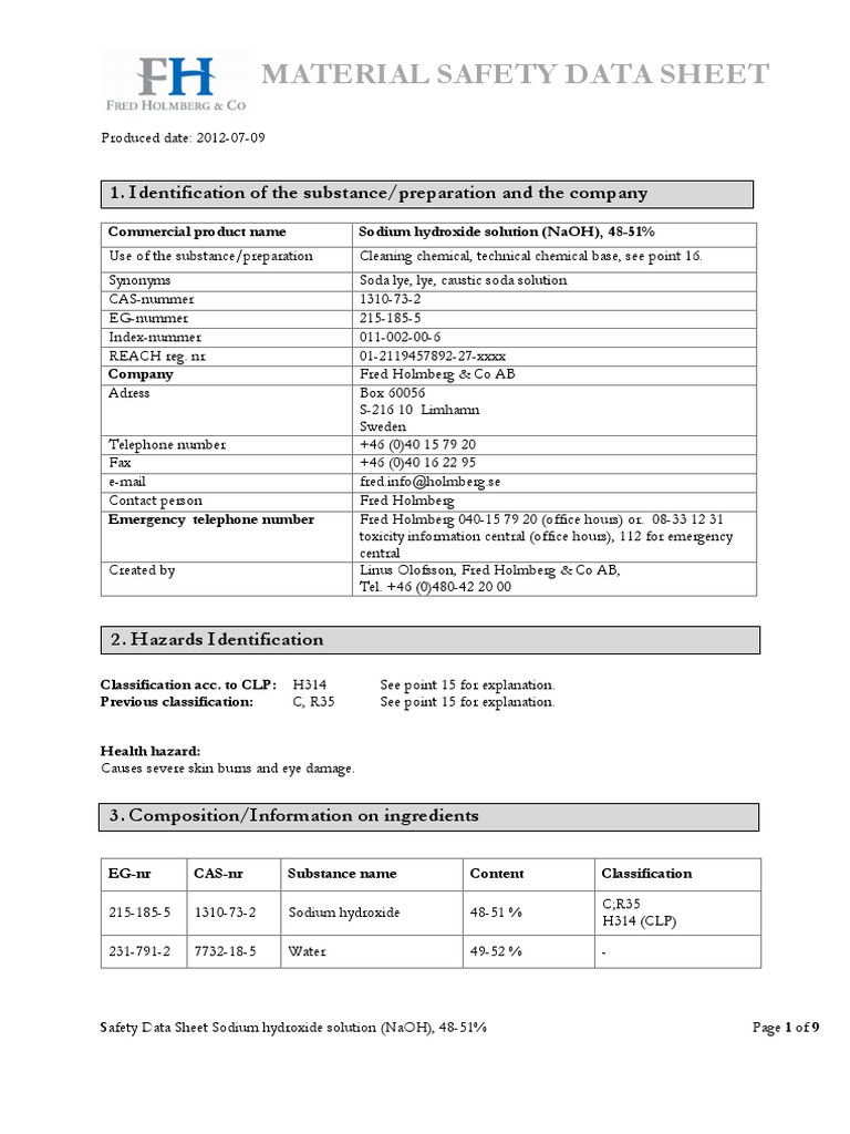 Material Safety Data Sheet 1. Identification of The Substance/preparation and The Company PDF