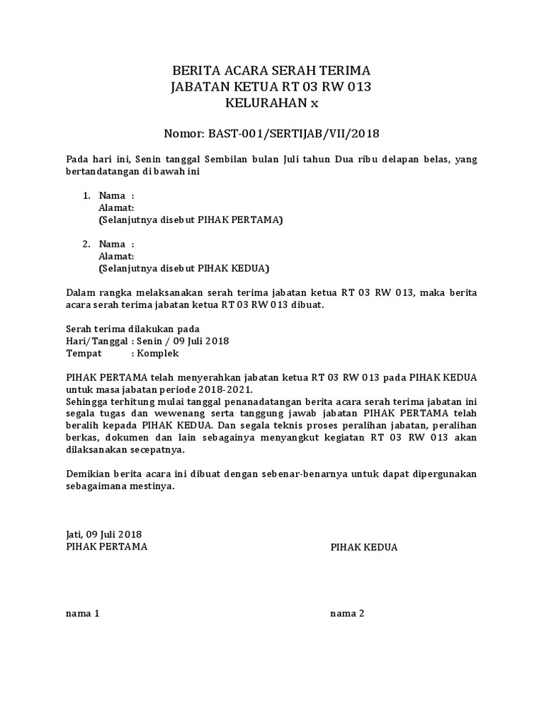 Contoh Surat Berita Acara Serah Terima Ketua Rt