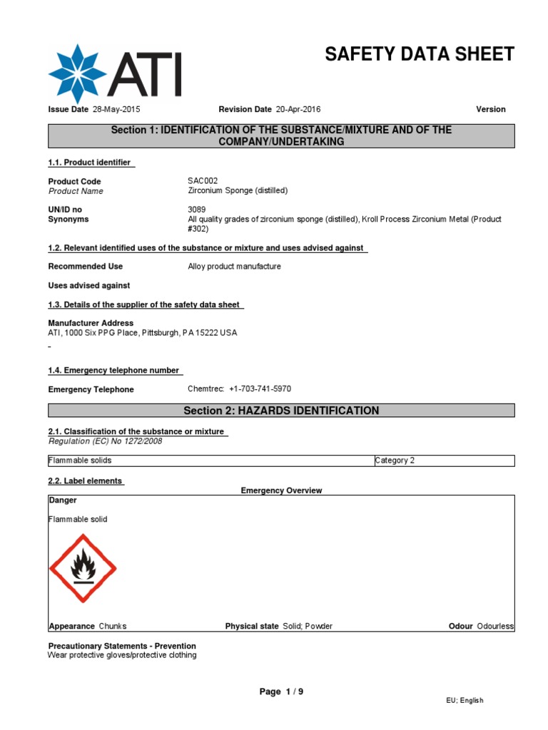 Safety Data Sheet: Section 1: Identification of The Substance/Mixture ...