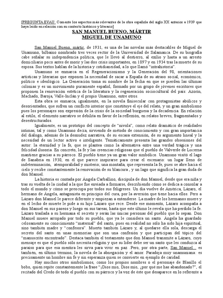 Reseña San Manuel Bueno, mártir Unamuno.sxw PDF Religión y creencia