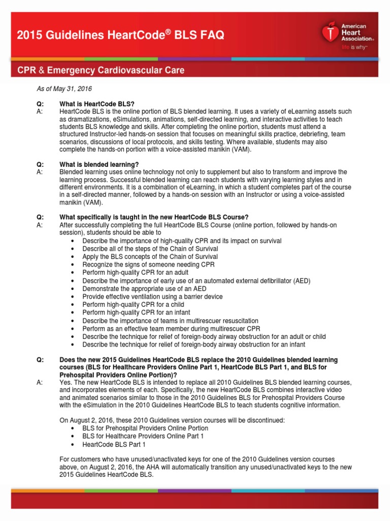 2015 Guidelines HeartCode BLS FAQ Updated PDF Cardiopulmonary