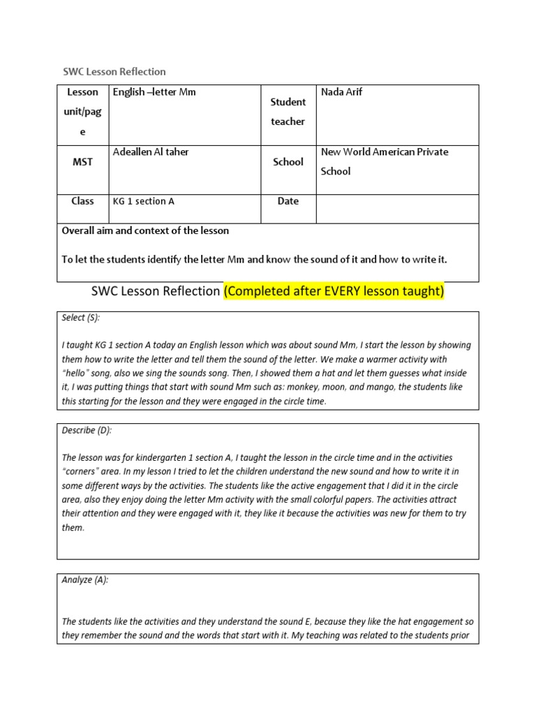 Lesson Reflection 8 | PDF | Psychotherapy | Teachers