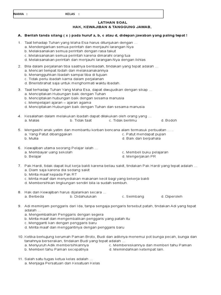 Contoh Soal Pkn Kelas 5 Tentang Hak Dan Kewajiban Contoh