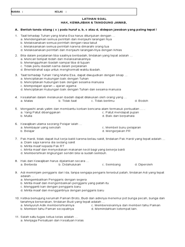 Latihan Soal Pkn Hak Kewajiban Tanggung Jawab