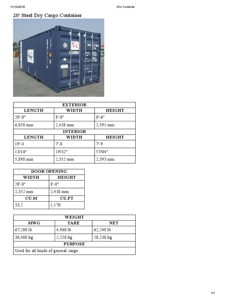 20' Steel Cargo Container Specs | PDF | Science & Mathematics ...