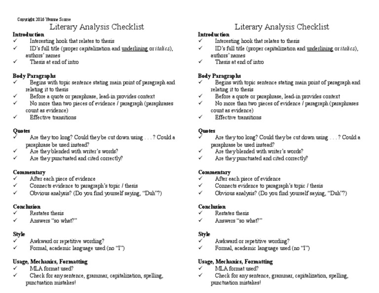 Literary Analysis Checklist PDF Thesis Written Communication