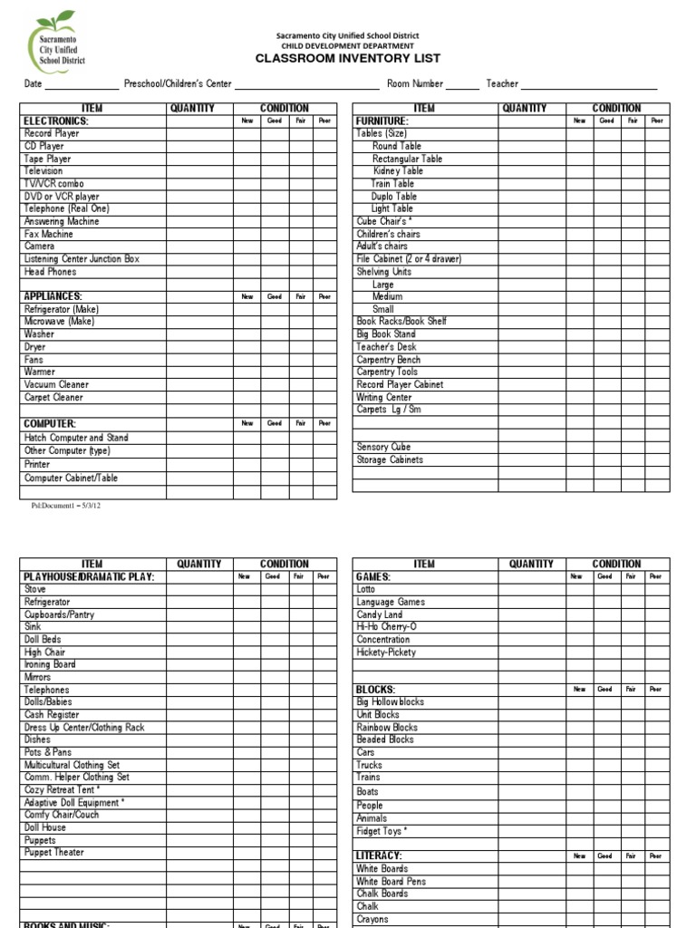 Classroom Inventory List Item Quantity Condition Electronics Item