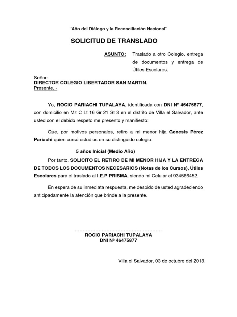 Solicito Traslado Colegio Pdf