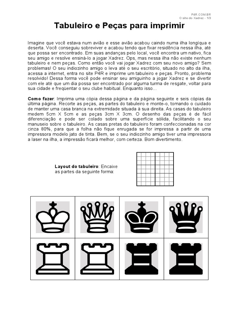 Exercício de Xadrez em inglês. Exercícios de Xadrez para imprimir