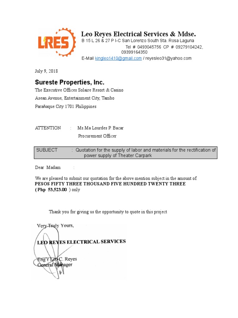 Quotation for Theater Carpark Power Supply | PDF
