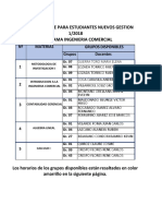 Carrera de Ingeniería Comercial - Horario para Nuevos - Gestion 1-2018-1 PDF