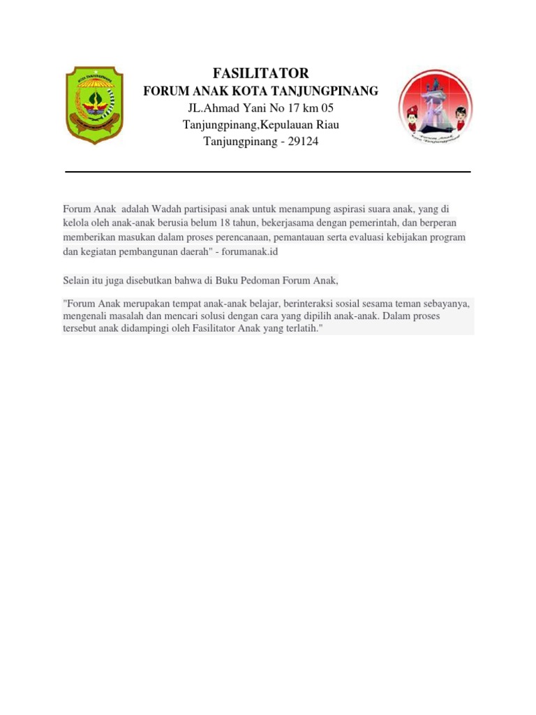 Kop Surat Fasilitator Forum Anak Pdf