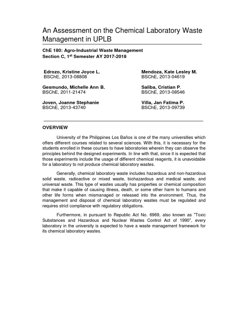 An Assessment On The Chemical Laboratory Waste Management in UPLB | PDF ...