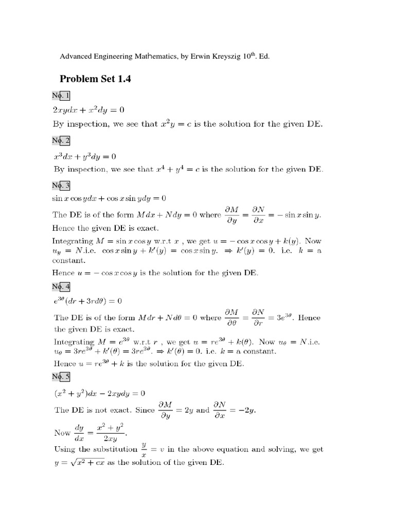 Problem Set 1.4: Advanced Engineering Mathematics, by Erwin Kreyszig 10 ...