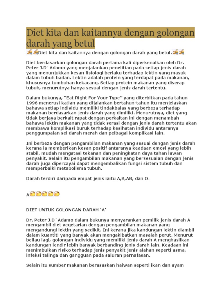 Diet Kita Dan Kaitannya Dengan Golongan Darah Yang Betul Pdf