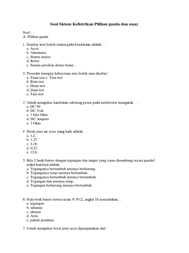 Soal Sistem Kelistrikan Pilihan Ganda Dan Essay
