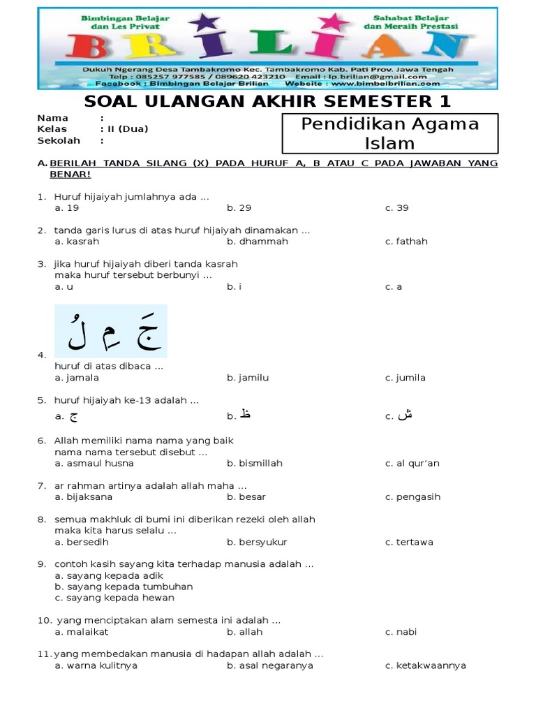 Kisi Kisi Soal Pai Sd Kelas 1 6 Semester 1