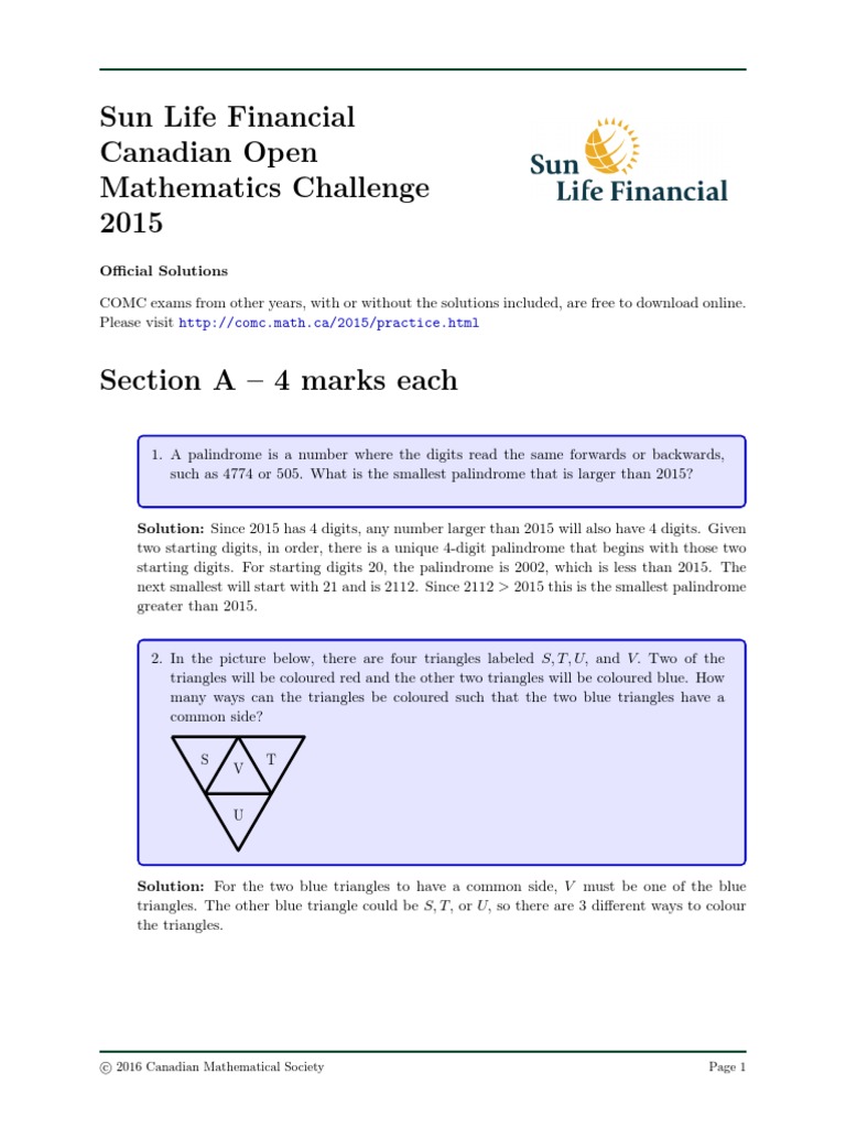 COMC 2015 Official Solutions | PDF | Discrete Mathematics | Elementary ...