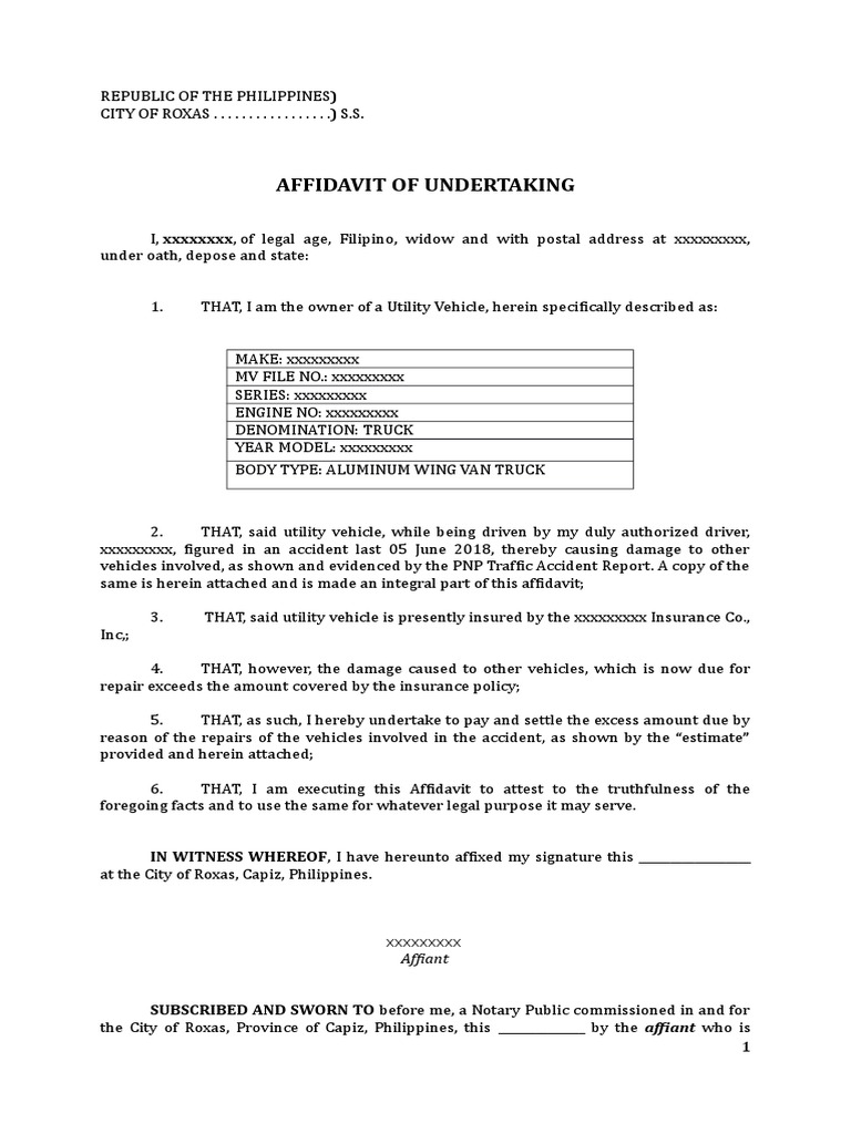 An Affidavit of Undertaking to Pay Excess Repair Costs Due to a Traffic
