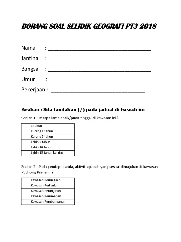 Contoh Borang Soal Selidik Geografi - Guru Paud