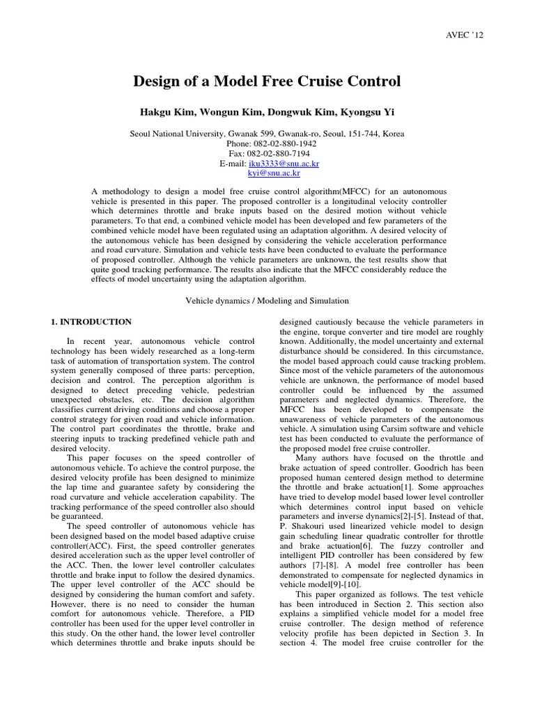 Model Free Cruise Control for Autonomous Vehicles | PDF | Control ...