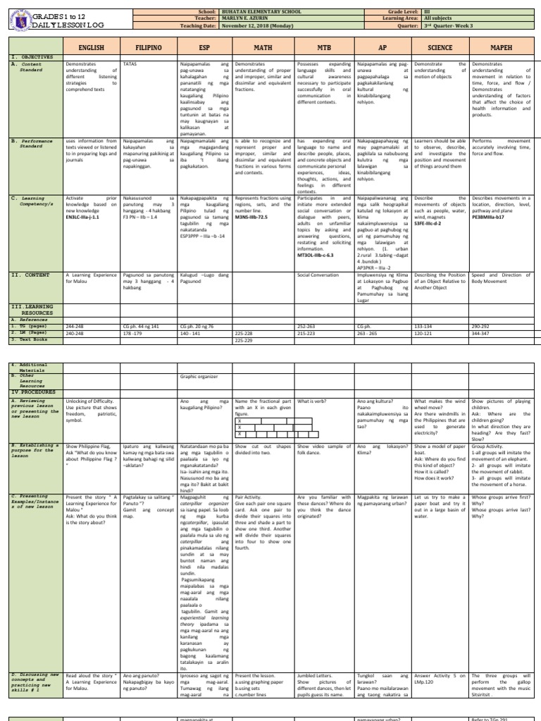 Daily Lesson Log for Grade 3 | PDF | Teachers | Cognitive Science