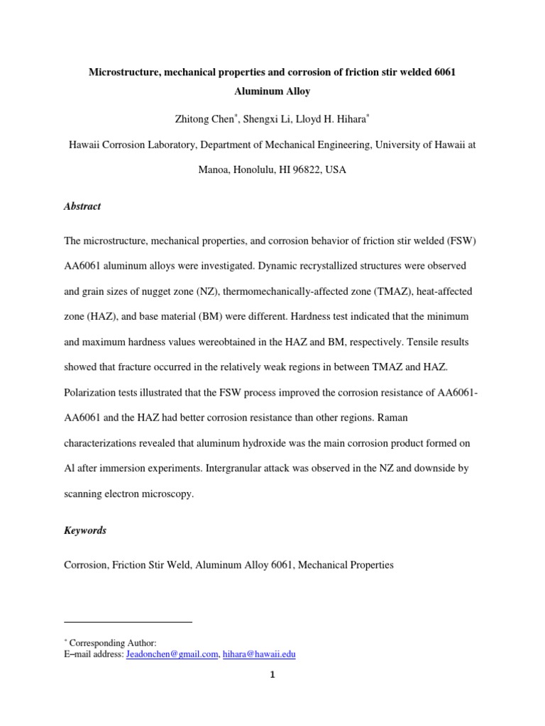 Microstructure Mechanical Properties And Corrosion Of Friction Stir Welded 6061 Aluminum Alloy Ultimate Tensile Strength Yield Engineering