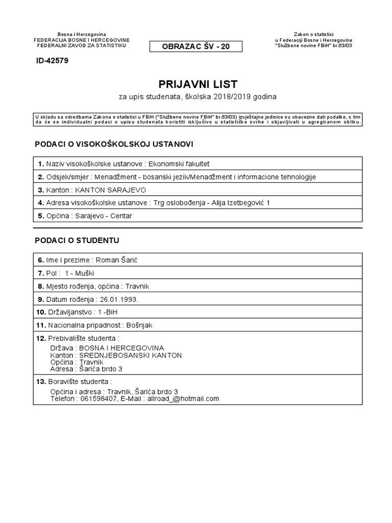 Prijavni List: Obrazac ŠV - 20 | PDF