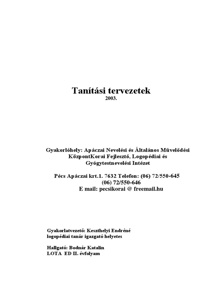 Logopedia Tanitasi Tervezetek PDF | PDF