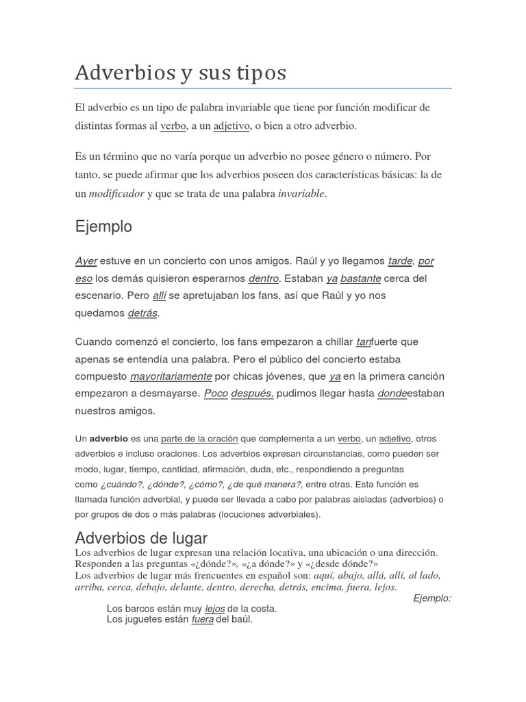 Tipos de adverbios en español | PDF | Adverbio | Morfología
