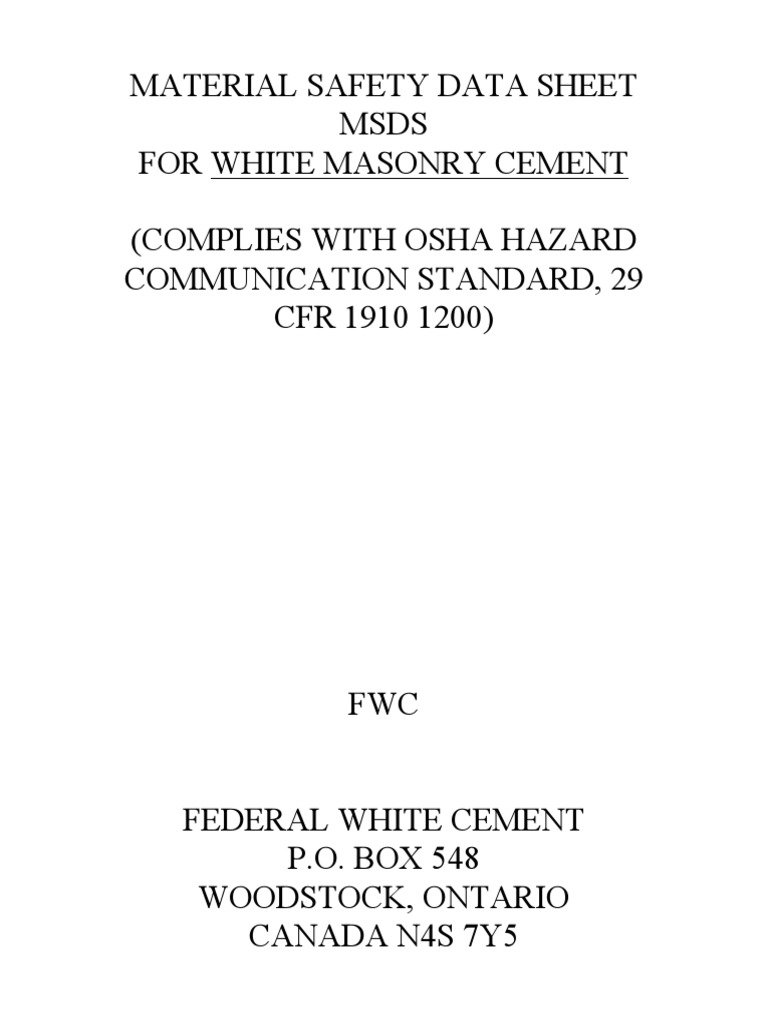 Material safety data sheet msds for white masonry cement complies with