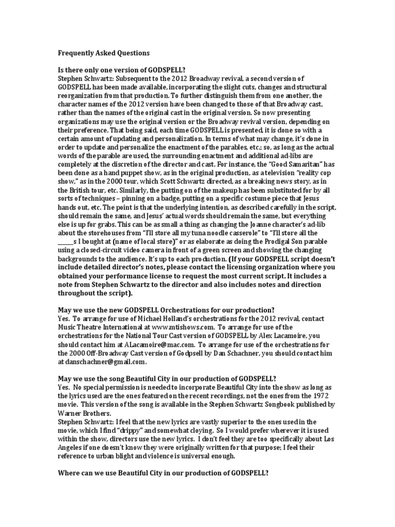 Godspell Production FAQs | PDF | Leisure