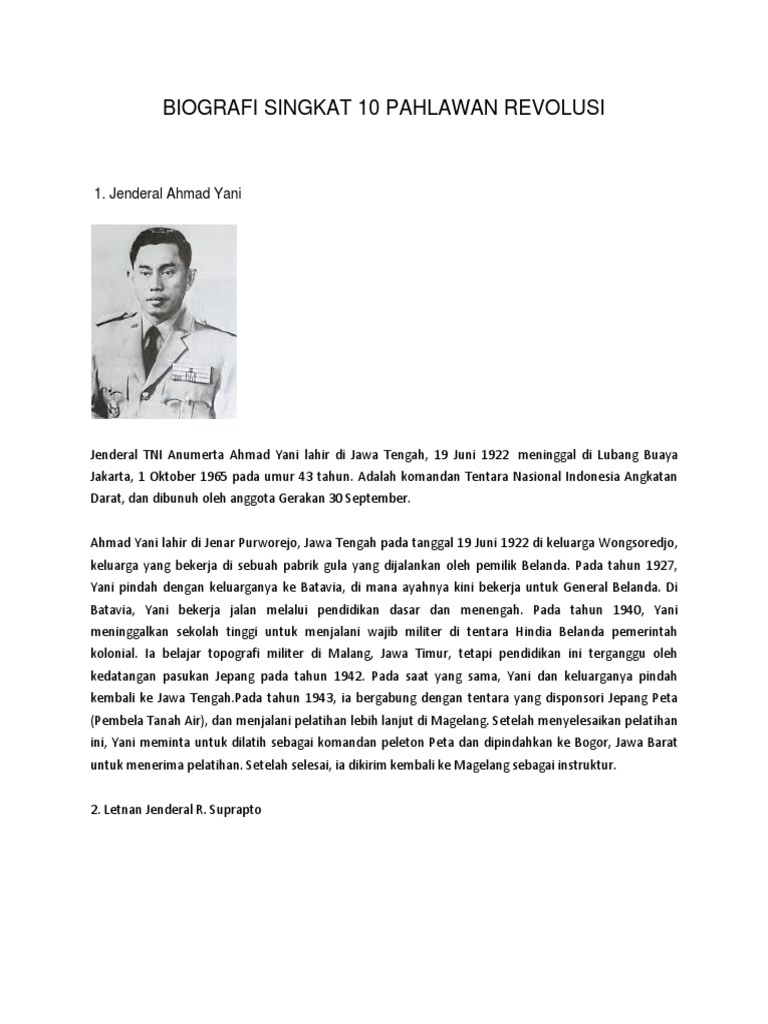 Biografi Singkat 10 Pahlawan Revolusi