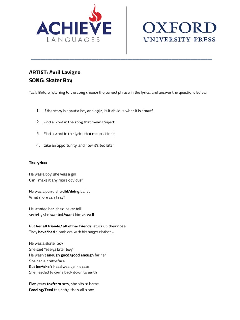 ARTIST Avril Lavigne SONG Skater Boy The Lyrics PDF Music Media