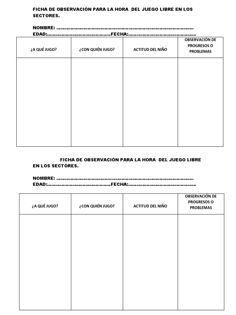 Ficha de Observación para La Hora Del Juego Libre en Los Sectores
