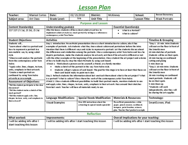 5th Grade Lesson Plan | PDF | Cubism | Teachers