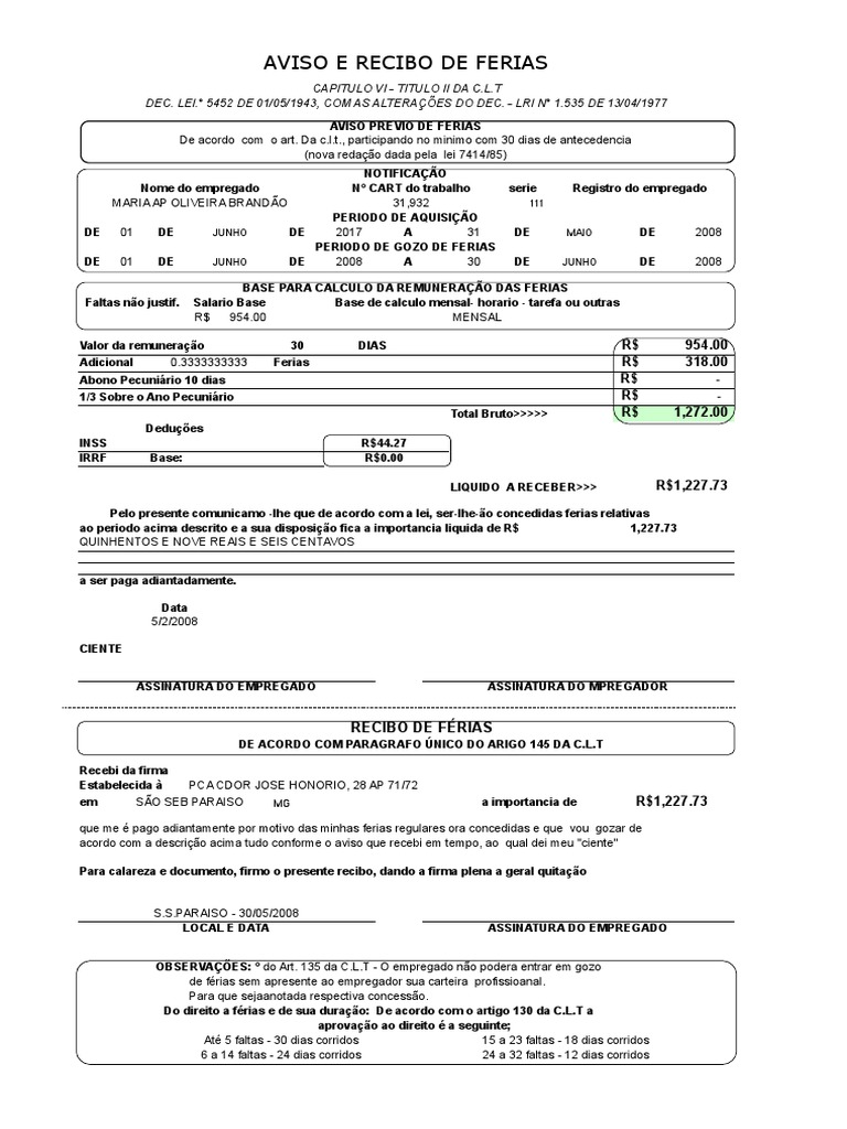 Aviso E Recibo De Ferias PDF Banco De Horas Compensa o De Emprego