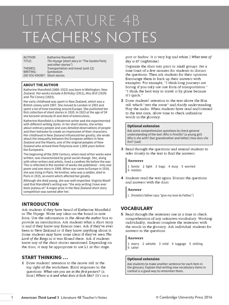 Lit4b Tnotes Pdf Katherine Mansfield Question