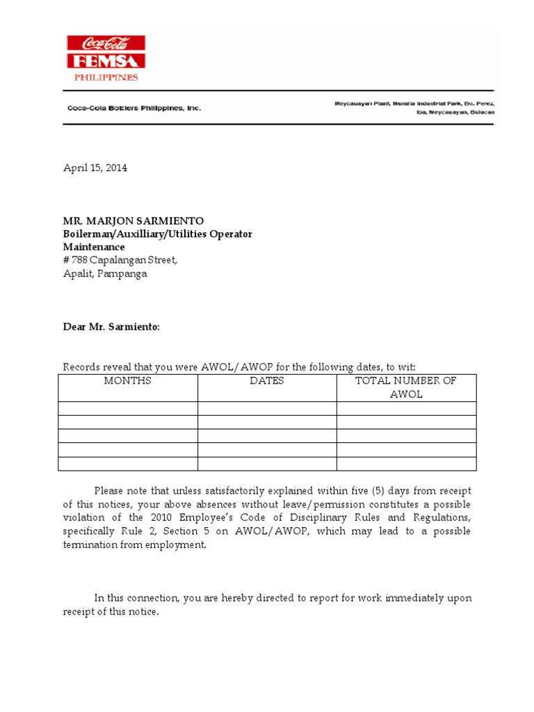 AWOL NTE FEMSA 2014 Return to Work Notice