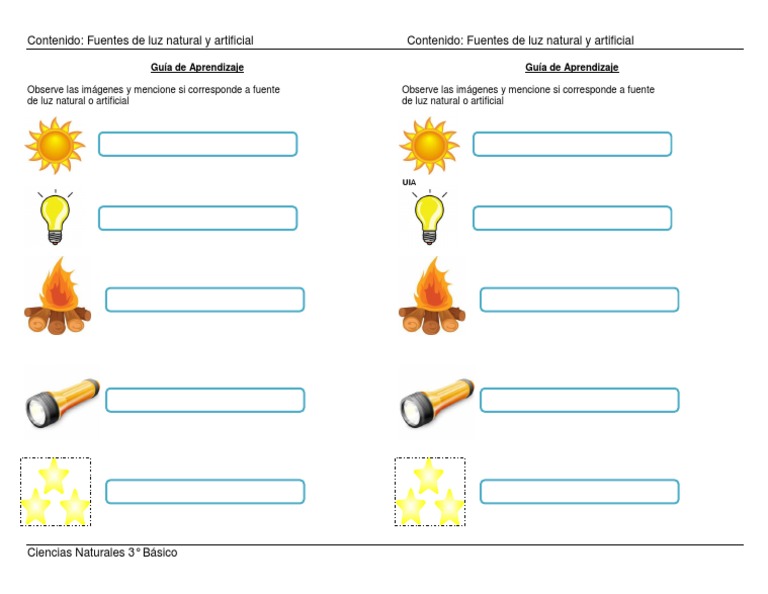 Guia Reconocer Fuentes de Luz Natural o Artificial