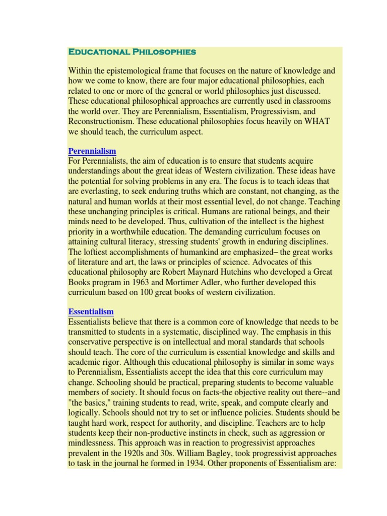 Overview of Educational Philosophies | PDF | Philosophy Of Education ...