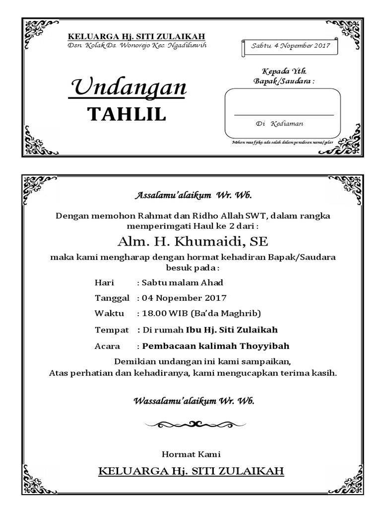 Contoh Undangan Tahlil Pernikahan Word Document - IMAGESEE