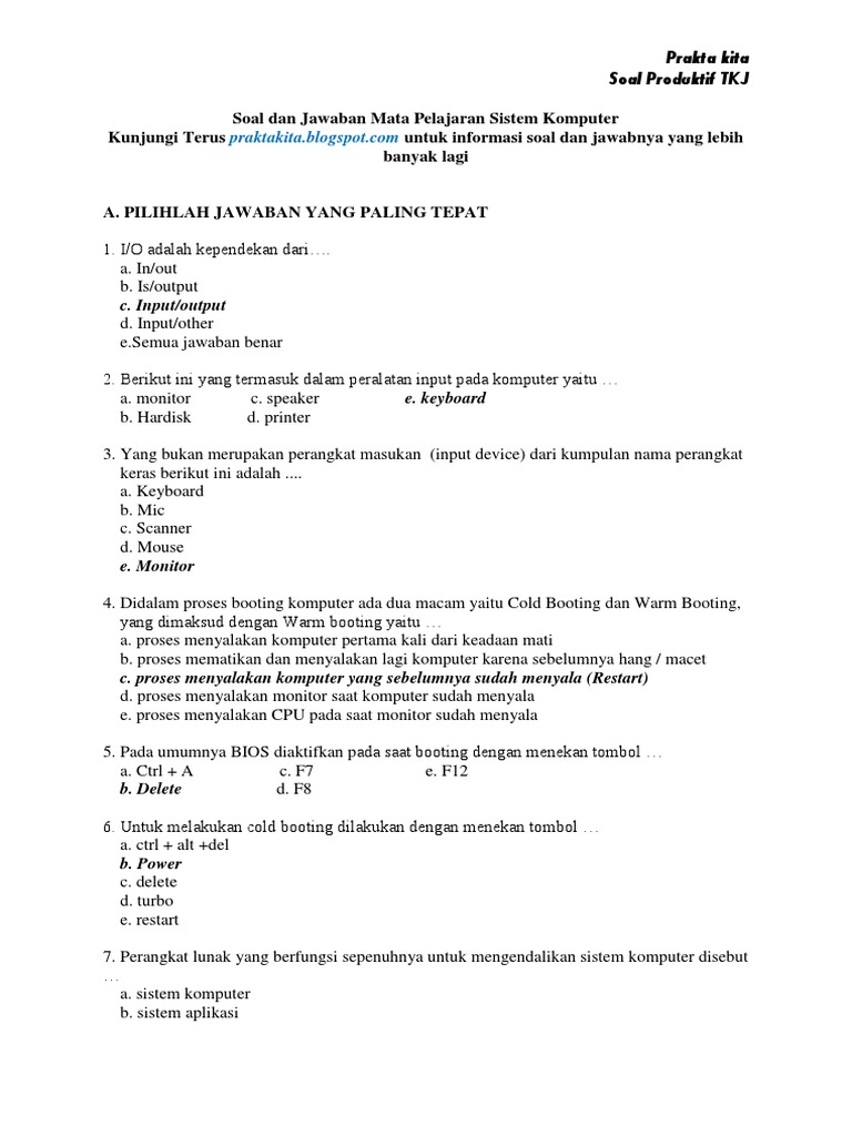Soal Dan Mata Pelajaran Sistem Komputer